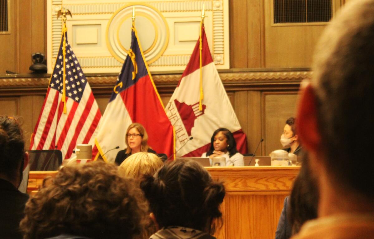 Asheville Mayor Esther Manheimer addresses a crowd after a heated public comment period about the war between Israel and Hamas in Gaza.