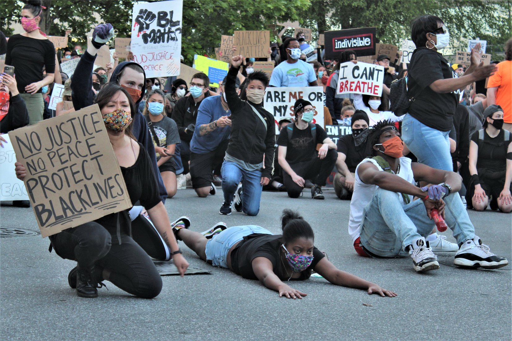 Protesters face the Asheville Police Department headquarters during a Black Lives Matter event June 1, 2020, in downtown Asheville. File photo.