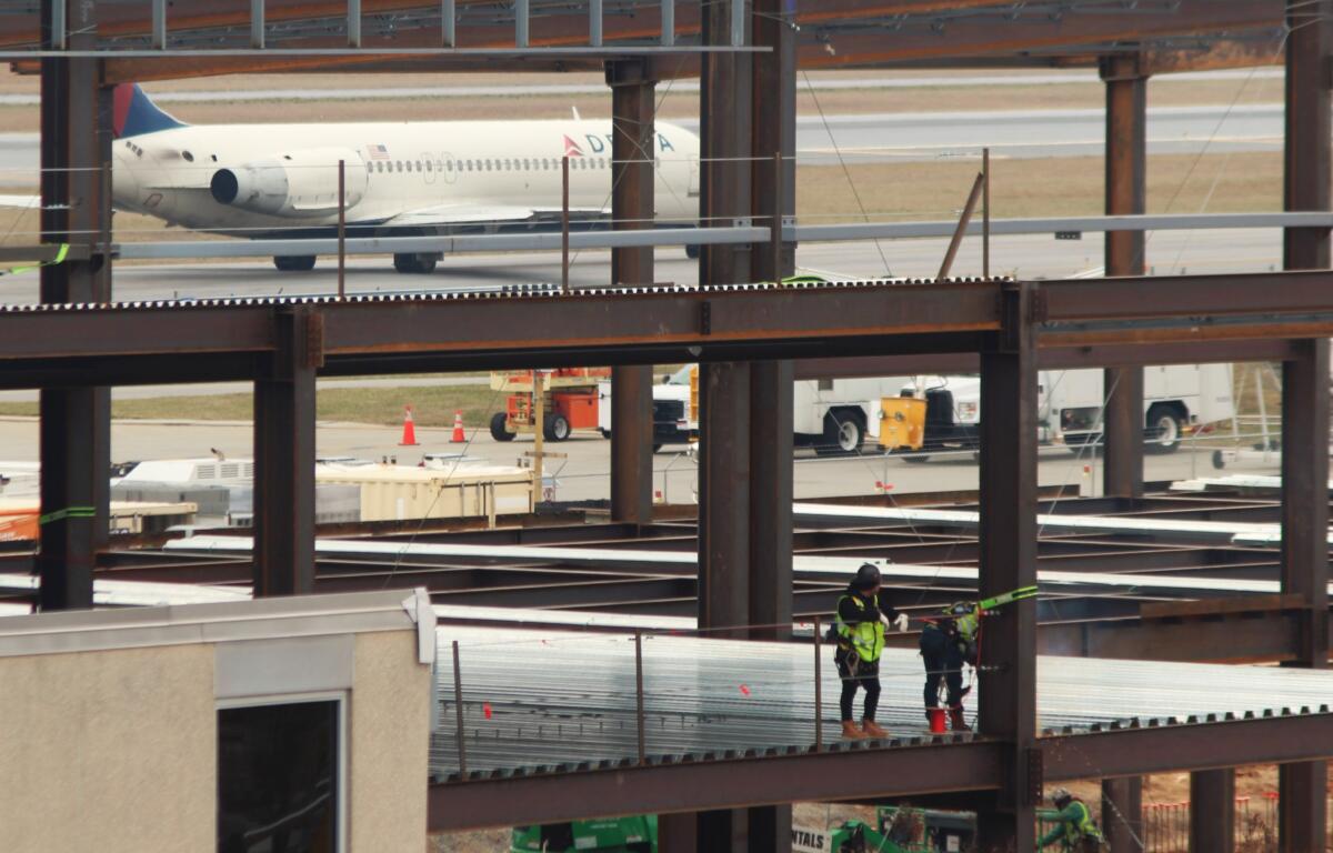 A frame of steel beams now outlines a future north concourse in the massive expansion project underway at Asheville Regional Airport in this photo from late February 2024.