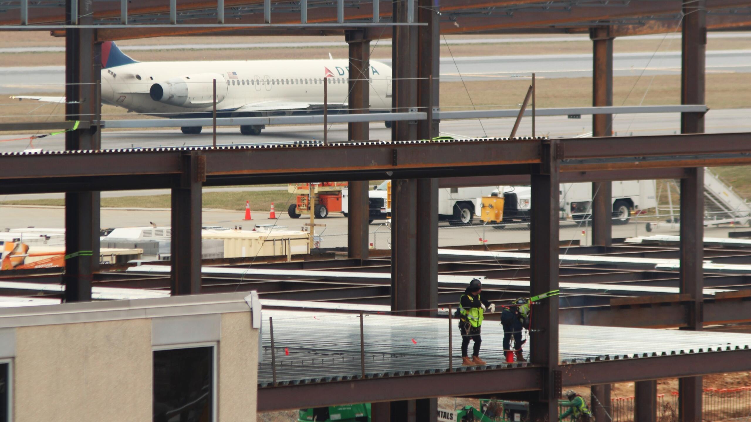 A frame of steel beams now outlines a future north concourse in the massive expansion project underway at Asheville Regional Airport in this photo from late February 2024.