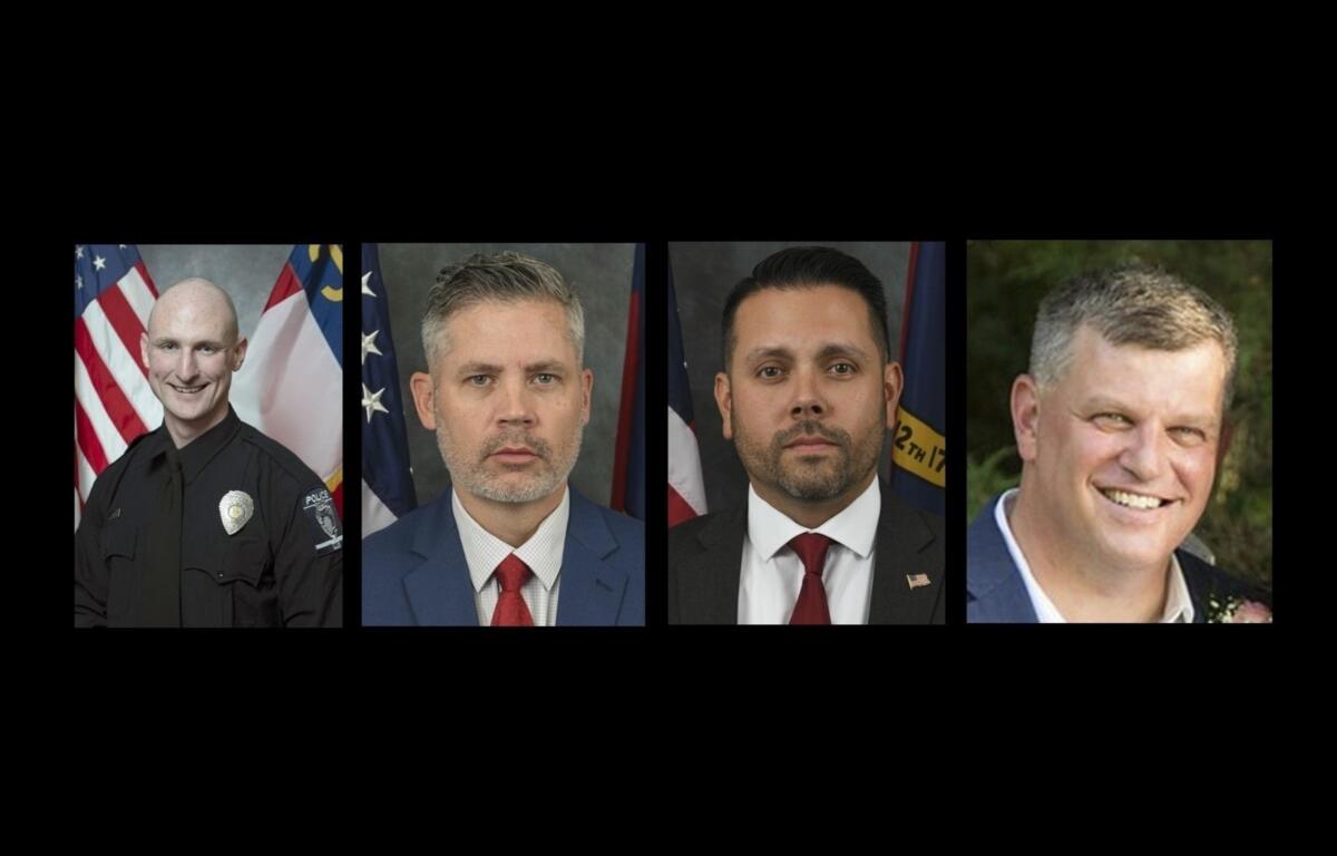 A composite photo shows the four law officers killed on April 29, 2024, while a warrant was being served in the Charlotte area. From left are: Officer Joshua Eyer of Charlotte-Mecklenburg Police; William Elliott and Samuel Poloche, both of the NC Department of Corrections and assigned to a U.S. Marshals Carolinas fugitive task force; and Deputy U.S. Marshal Thomas M. Weeks.