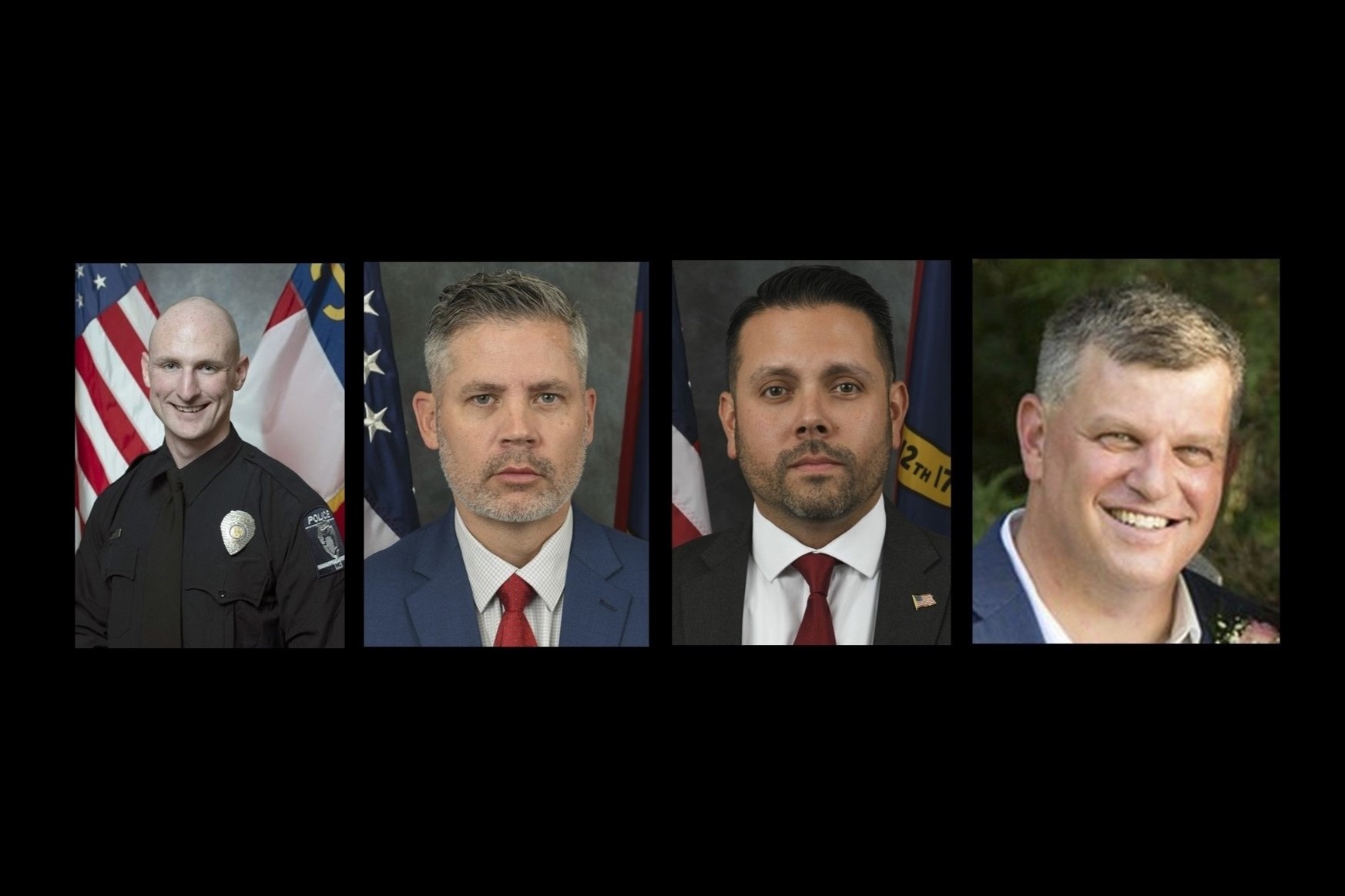 A composite photo shows the four law officers killed on April 29, 2024, while a warrant was being served in the Charlotte area. From left are: Officer Joshua Eyer of Charlotte-Mecklenburg Police; William Elliott and Samuel Poloche, both of the NC Department of Corrections and assigned to a U.S. Marshals Carolinas fugitive task force; and Deputy U.S. Marshal Thomas M. Weeks.
