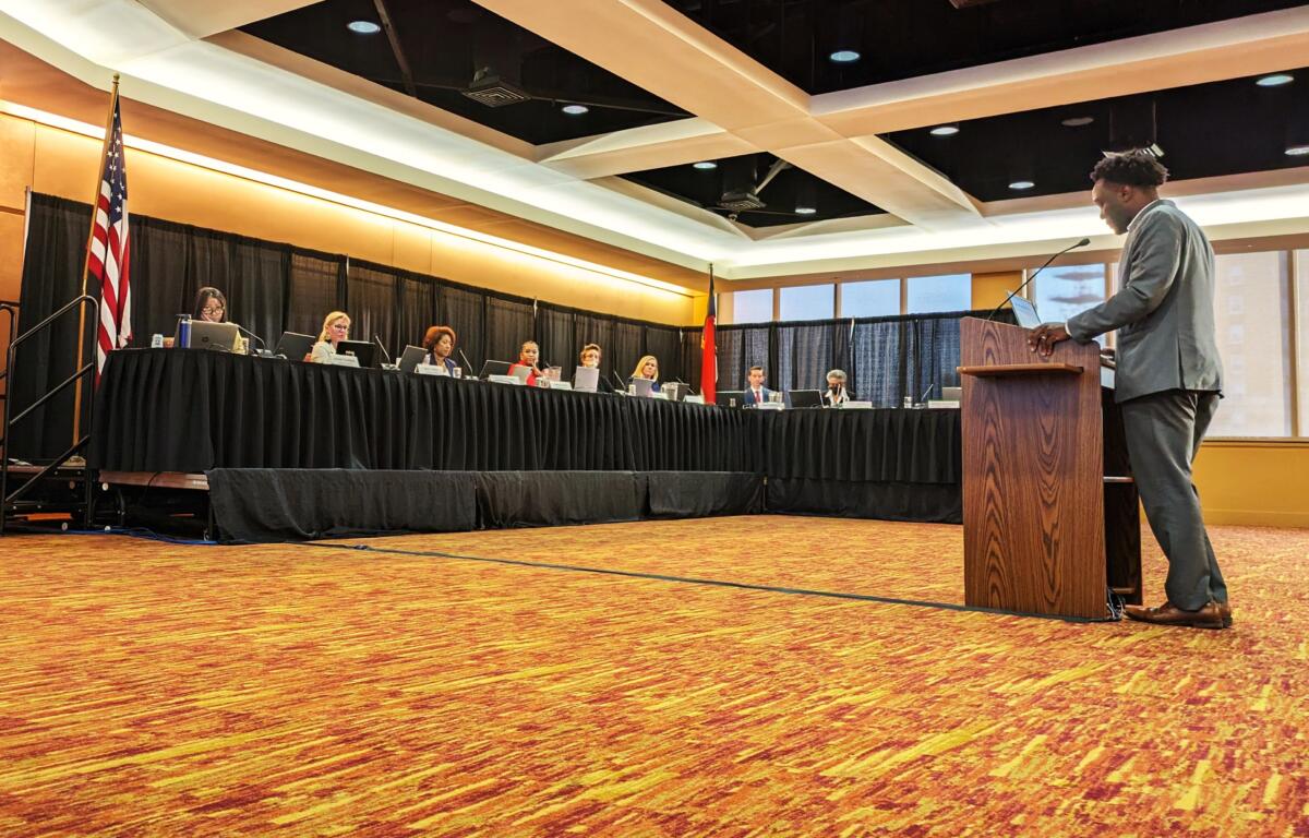 Asheville City Council members listen to public comments about a proposed downtown Business Improvement District during a three-hour public hearing Tuesday, April 23, 2024, at Harrah's Cherokee Center.