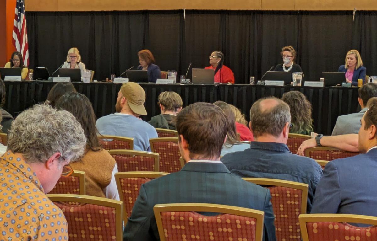 Asheville City Council members listen to a report on projects seeking Housing Trust Fund loans on Tuesday, April 23, 2024, at Harrah's Cherokee Center.