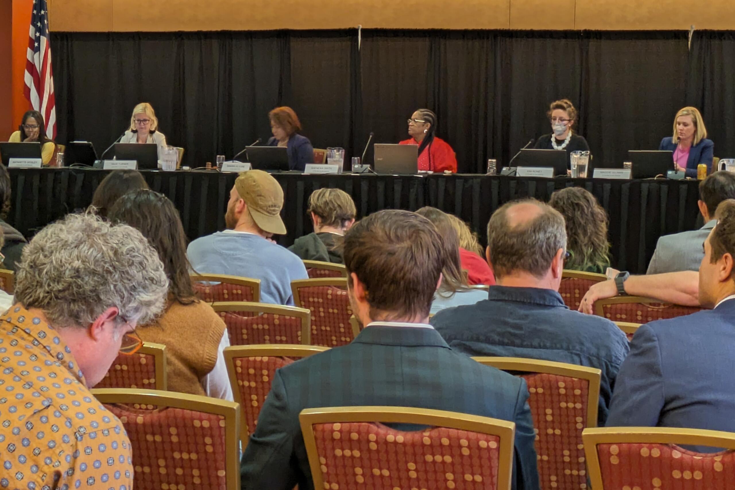 Asheville City Council members listen to a report on projects seeking Housing Trust Fund loans on Tuesday, April 23, 2024, at Harrah's Cherokee Center.