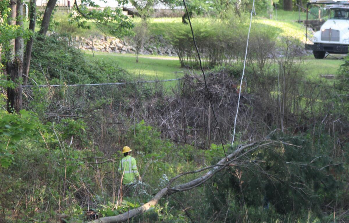 A contractor surveys a downed power line on Wednesday, May 9, 2024, in the Candler Knob area, as two days of on-and-off thunderstorms toppled countless trees and tangled wires across Western North Carolina.