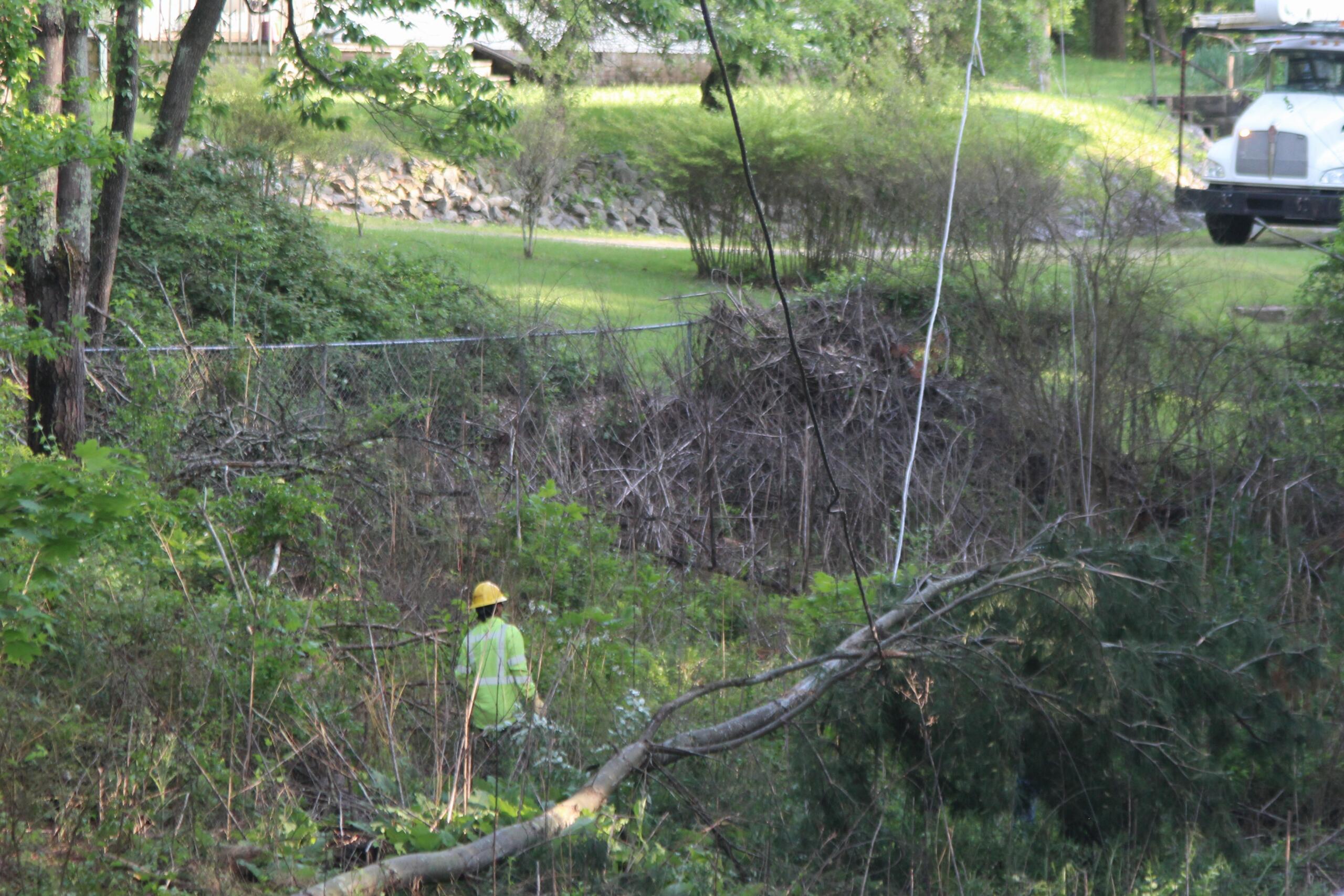 A contractor surveys a downed power line on Wednesday, May 9, 2024, in the Candler Knob area, as two days of on-and-off thunderstorms toppled countless trees and tangled wires across Western North Carolina.