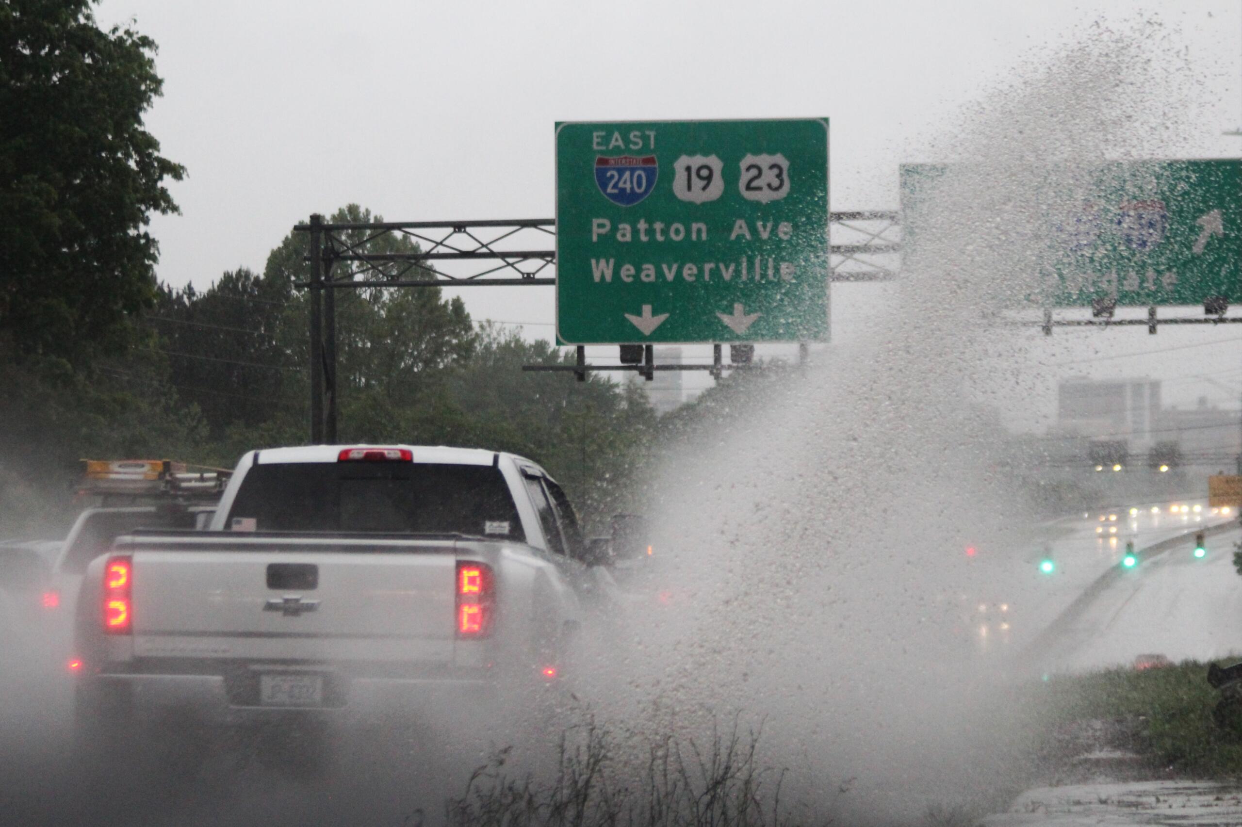 Thunderstorms during the morning rush hour created slow, difficult driving conditions on the Patton Avenue bridge in Asheville and throughout the region on Thursday, May 9, 2024.