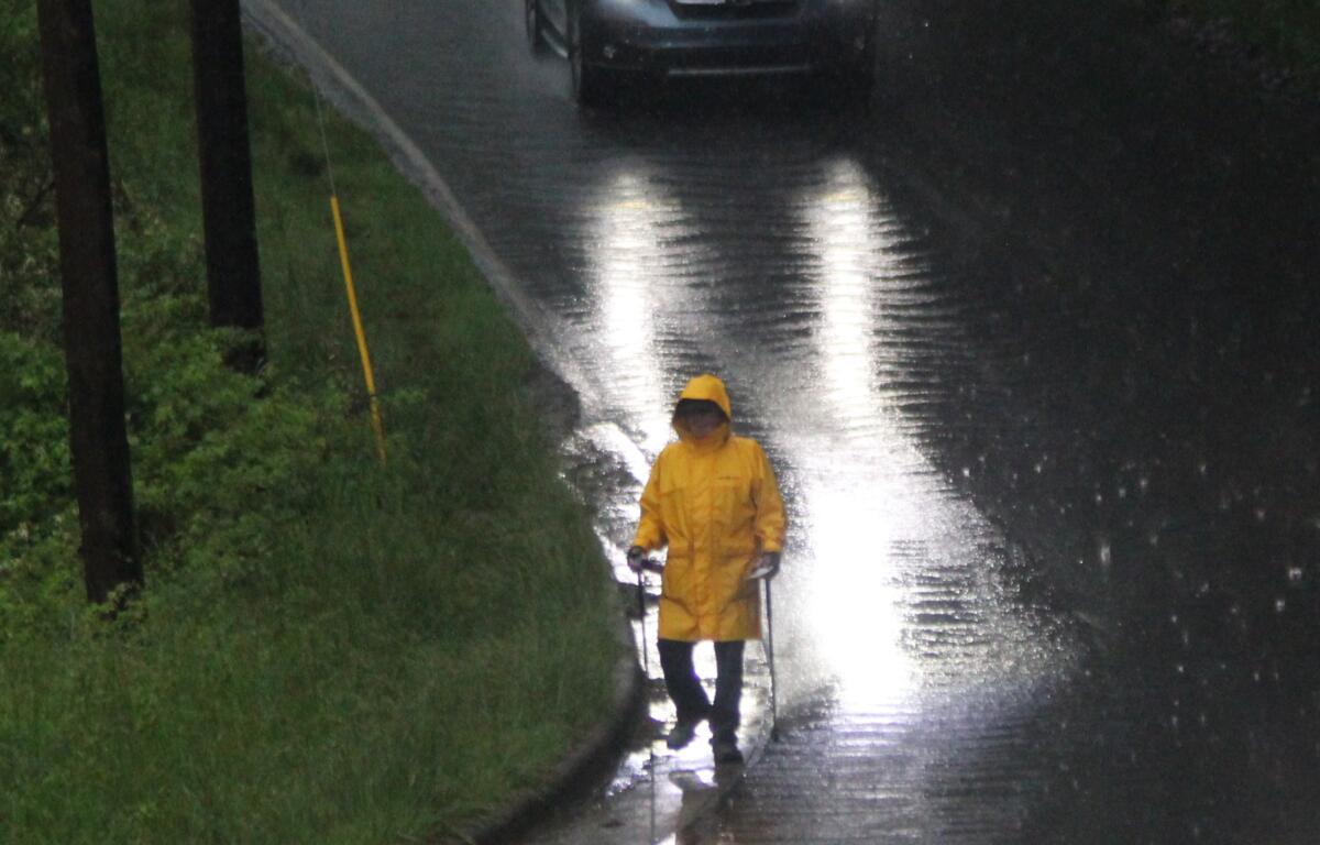 Christian "Chris" Lachance, 76, is undeterred by the rain as he makes his daily walk picking up trash on Hazel Mill Road in West Asheville.