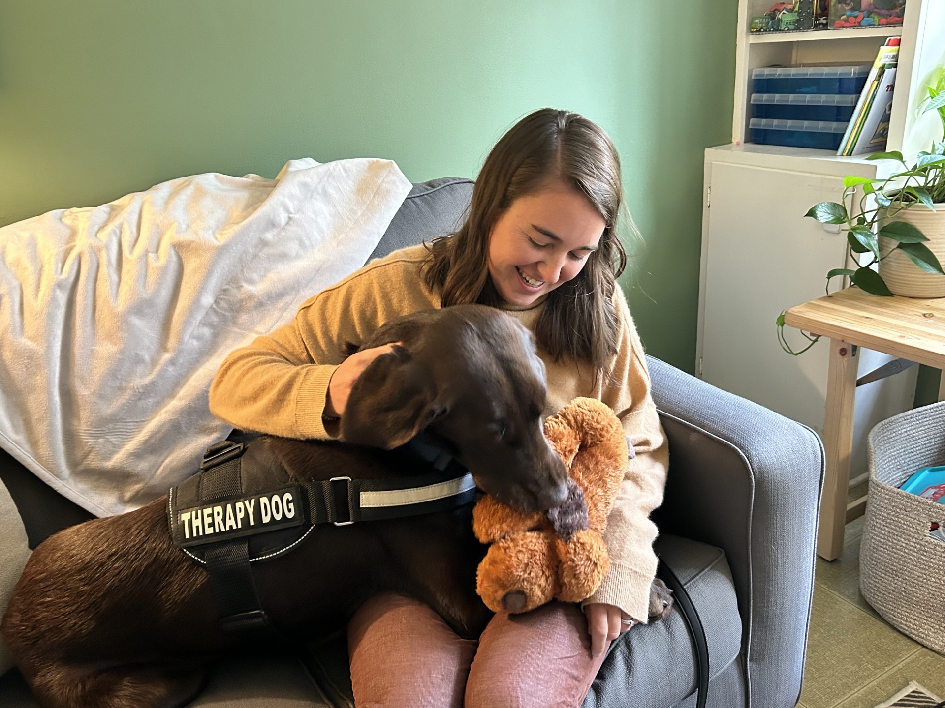 Crossnore Crossnore Child and Family Therapy Supervisor Betsy Neill and Norm, the emotional support dog