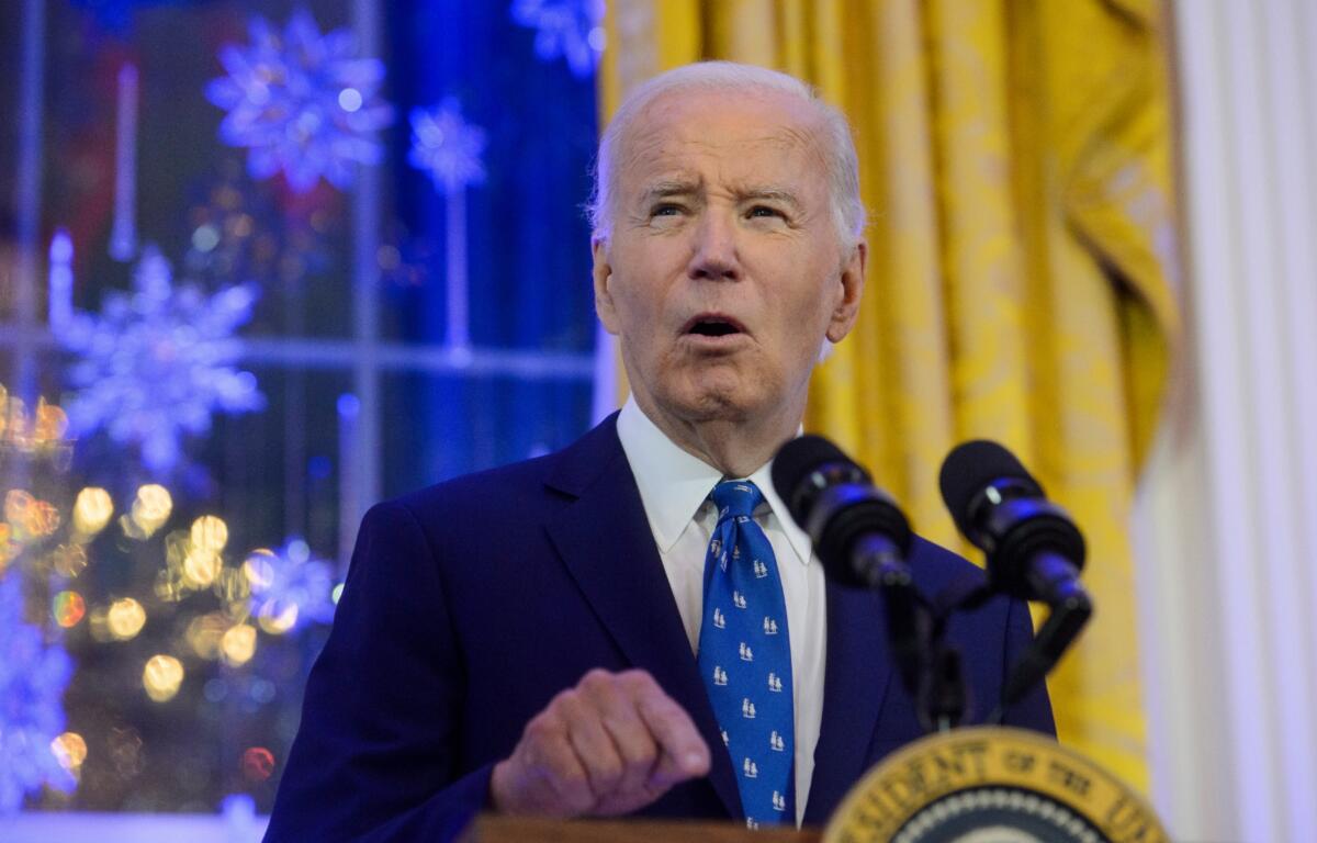 FILE - President Joe Biden speaks during a Hanukkah reception in the East Room of the White House in Washington, Monday, Dec. 16, 2024. (AP Photo/Rod Lamkey, Jr., File)