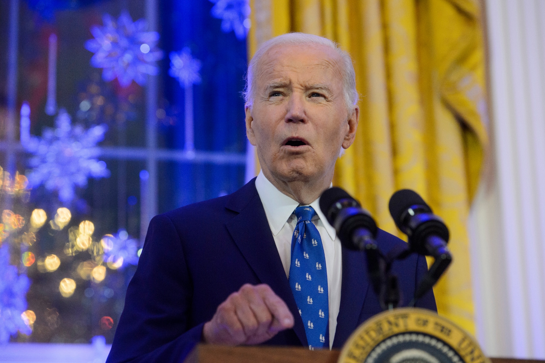 FILE - President Joe Biden speaks during a Hanukkah reception in the East Room of the White House in Washington, Monday, Dec. 16, 2024. (AP Photo/Rod Lamkey, Jr., File)