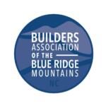 Circular logo for the Builders Association of the Blue Ridge Mountains, North Carolina, featuring mountain silhouettes in shades of blue