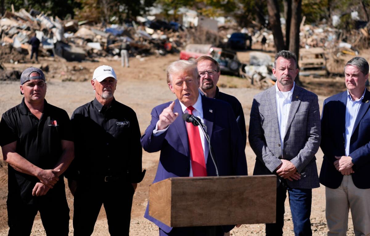 Republican presidential nominee former President Donald Trump delivers remarks on the damage and federal response to Hurricane Helene, Monday, Oct. 21, 2024, in Swannanoa, N.C. (AP Photo/Evan Vucci)