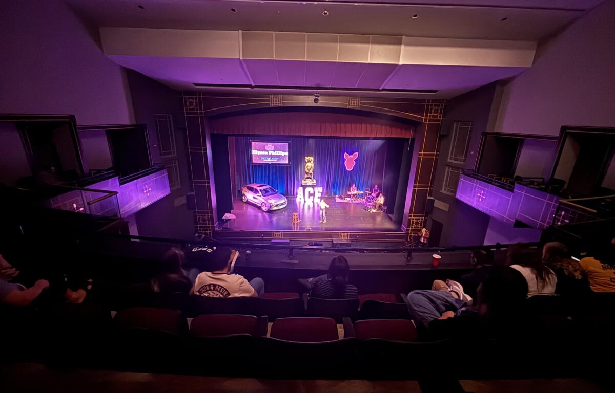 Audience members look down at the Wortham Centre stage.