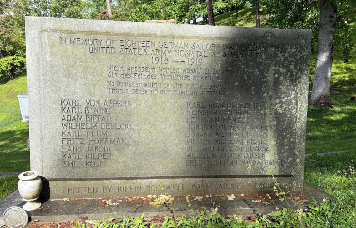 A memorial to 18 German prisoners of war buried in Asheville's Riverside Cemetery. 
