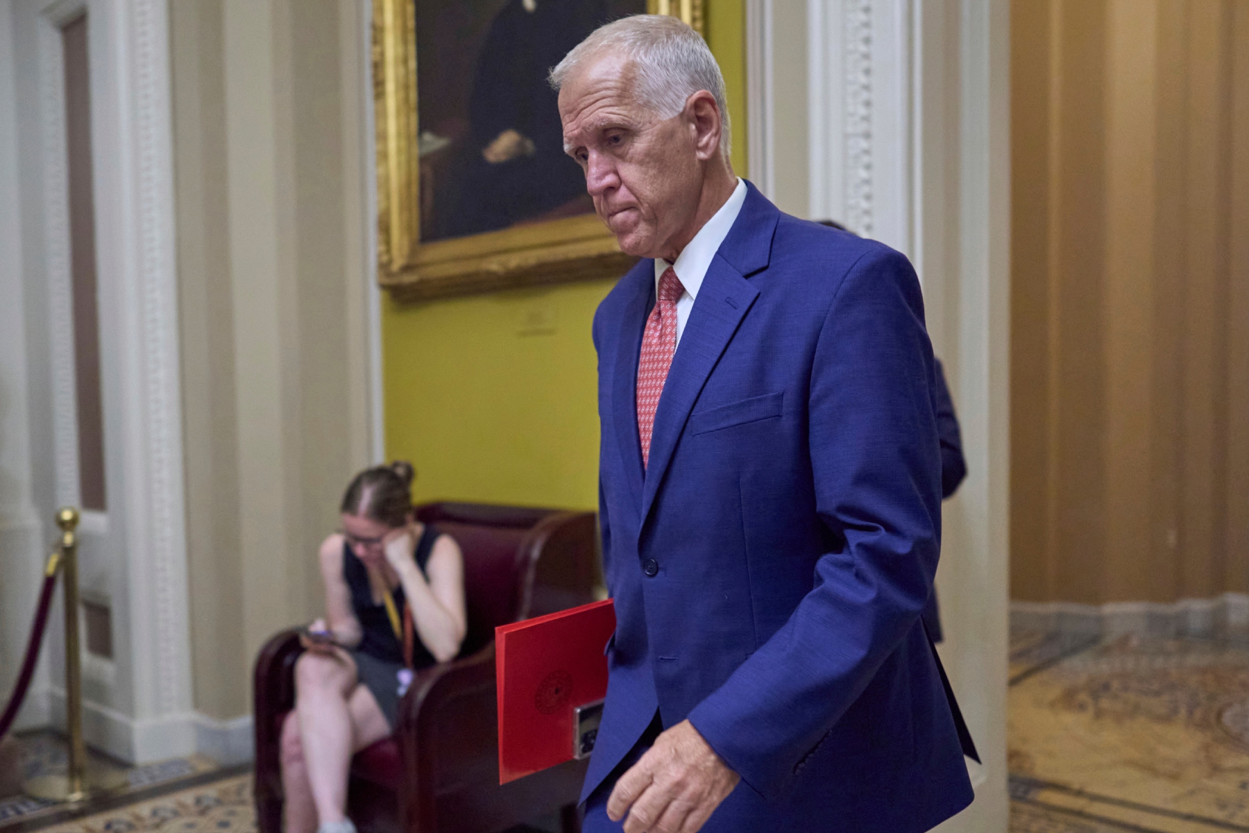 FILE - Sen. Thom Tillis, R-N.C., walks to the chamber as senators arrive for votes and policy meetings, at the Capitol in Washington, June 17, 2025. (AP Photo/J. Scott Applewhite, File)