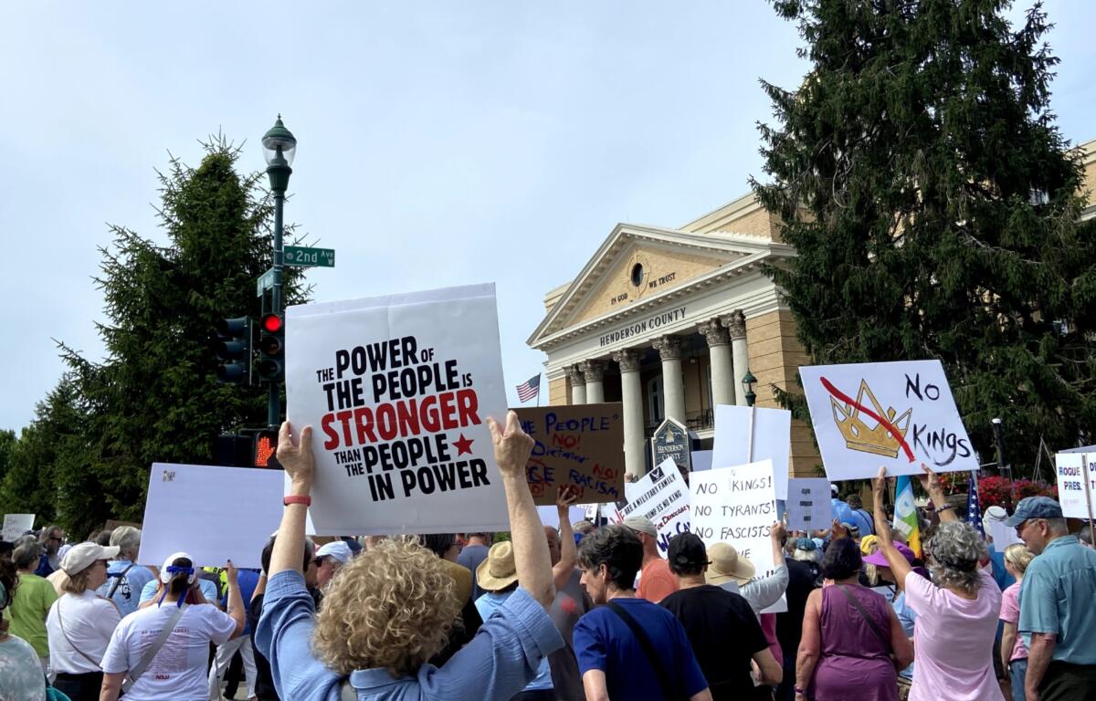Hundreds of demonstrators gathered in downtown Hendersonville on Saturday in coordinated protests against President Donald Trump. (Photo credit: Special to 828newsNOW)