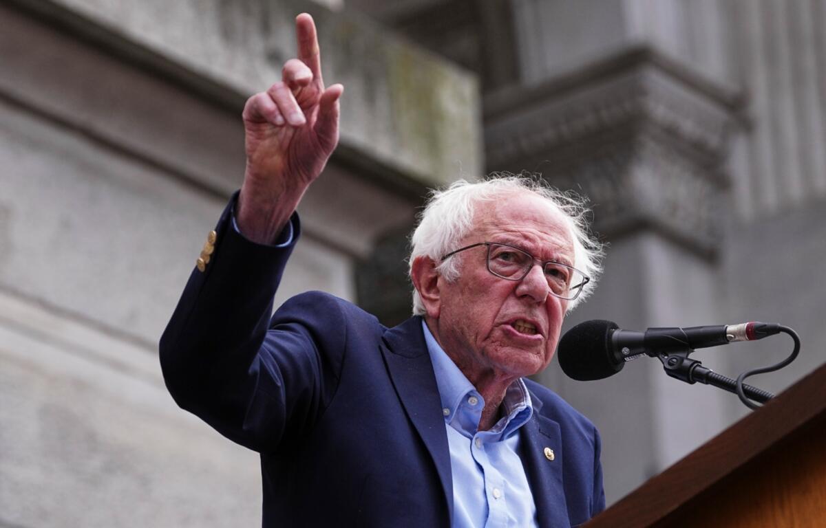 Sen. Bernie Sanders, I-Vt., speaks to demonstrators during a May Day rally outside City Hall in Philadelphia, Thursday, May 1, 2025. (AP Photo/Matt Rourke)