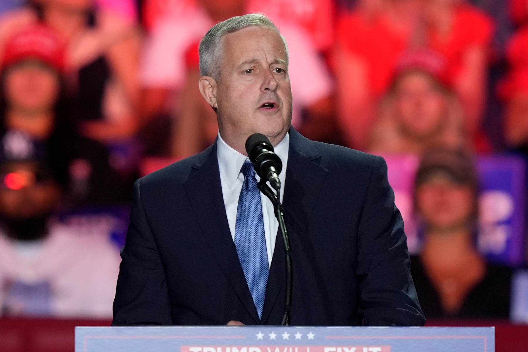 FILE - Michael Whatley, chairman of the Republican National Committee, speaks at a campaign rally, Nov. 2, 2024, in Greensboro, NC. (AP Photo/Alex Brandon, File)