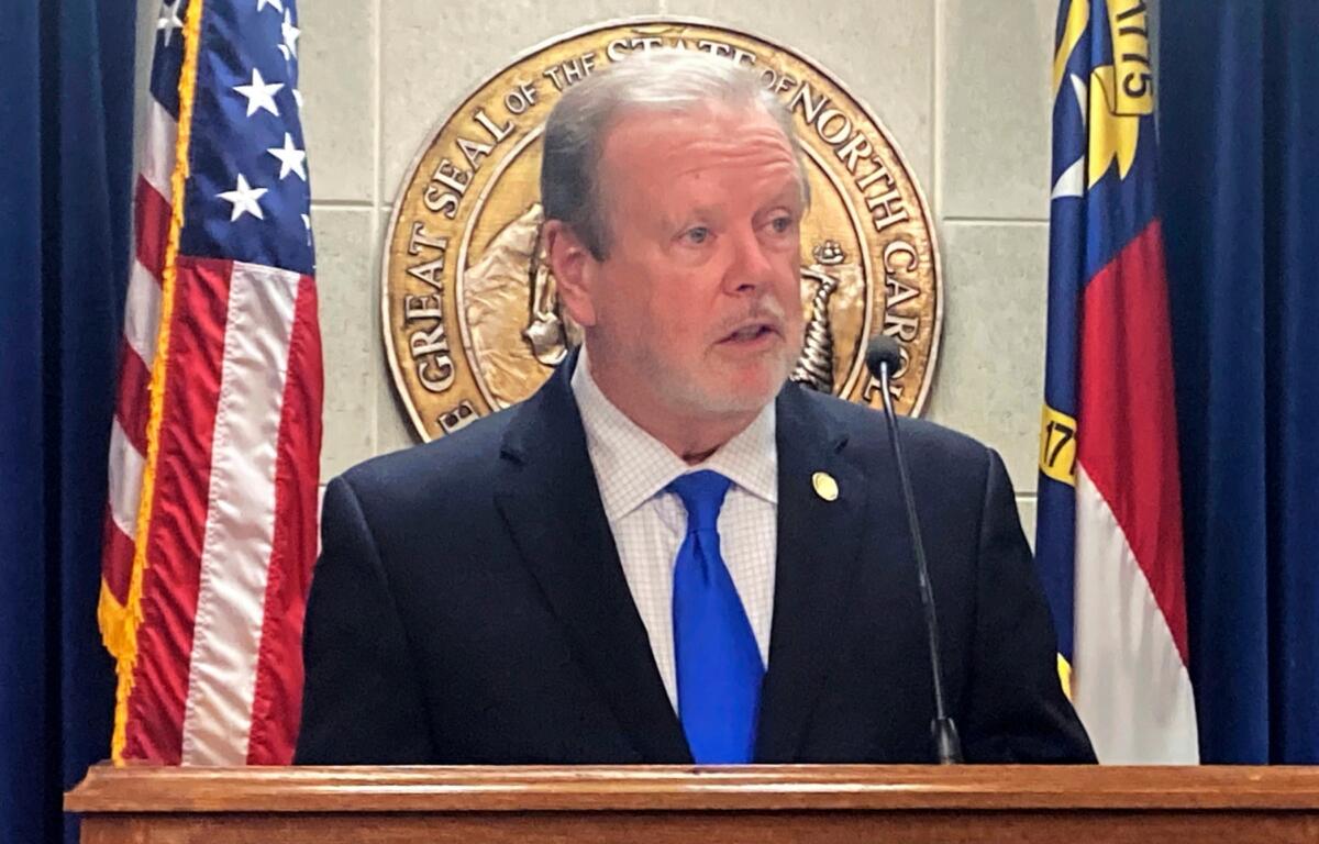 FILE - North Carolina Senate leader Phil Berger, R-Rockingham, speaks at a Legislative Building news conference, on May 15, 2023, in Raleigh, N.C. (AP Photo/Gary D. Robertson, File)