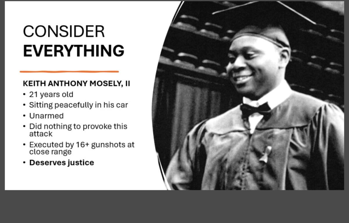 A slide from the State’s closing jury argument featuring Keith Mosely’s graduation picture from Asheville High School