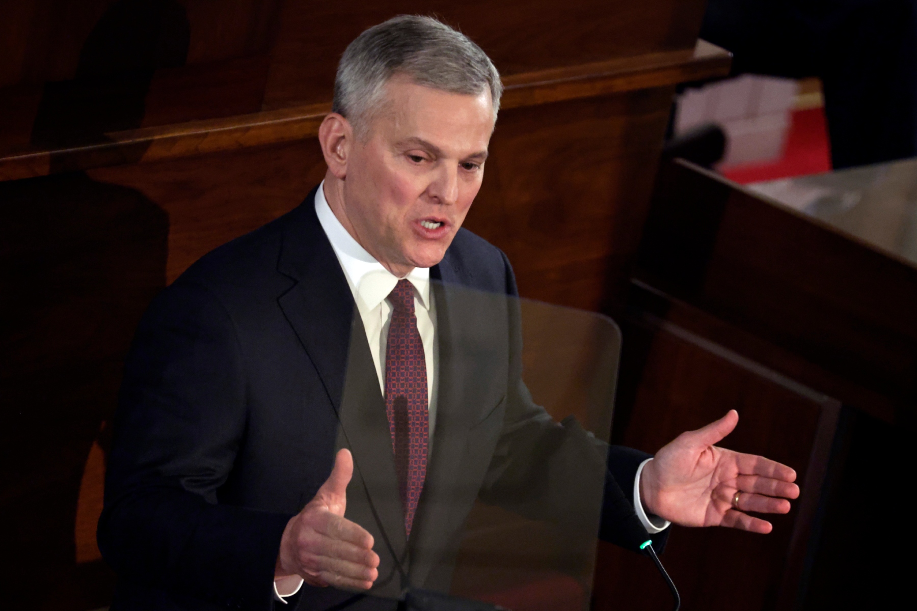 FILE - North Carolina Gov. Josh Stein delivers the State of the State address at the Legislative Building, March 12, 2025, in Raleigh N.C. (AP Photo/Chris Seward, File)