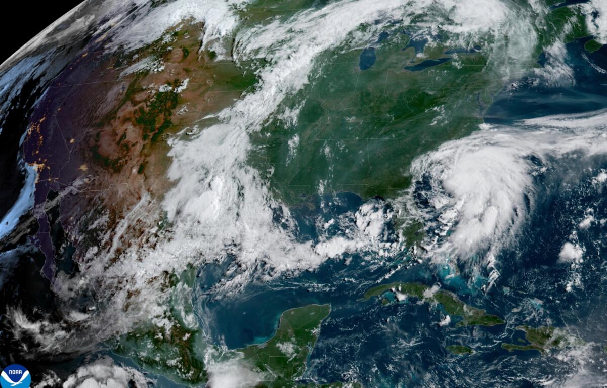 This image provided by NOAA shows Tropical Storm Chantal forming off the coast of the Carolinas on Saturday, July 5, 2025. (NOAA via AP)