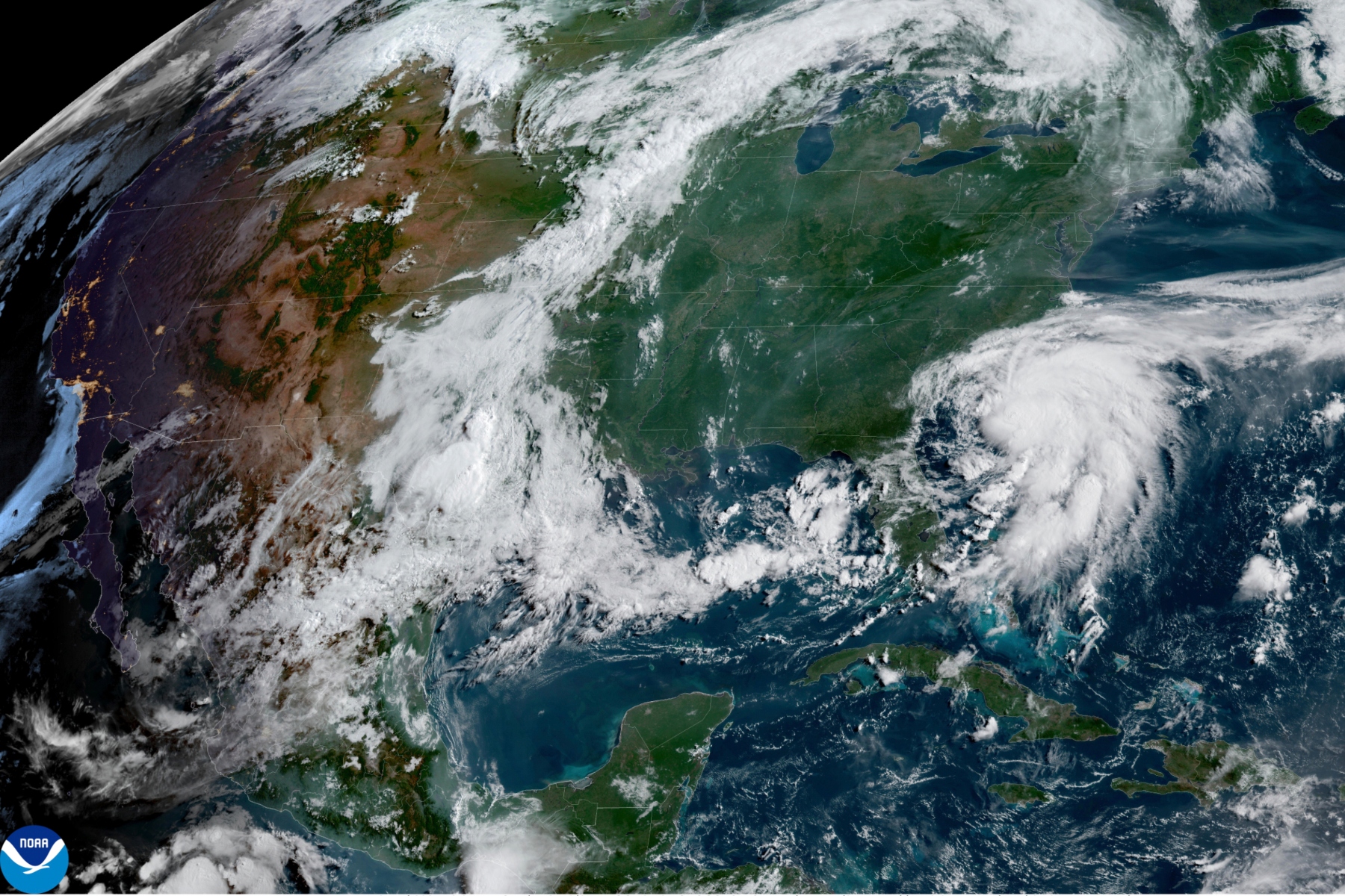 This image provided by NOAA shows Tropical Storm Chantal forming off the coast of the Carolinas on Saturday, July 5, 2025. (NOAA via AP)