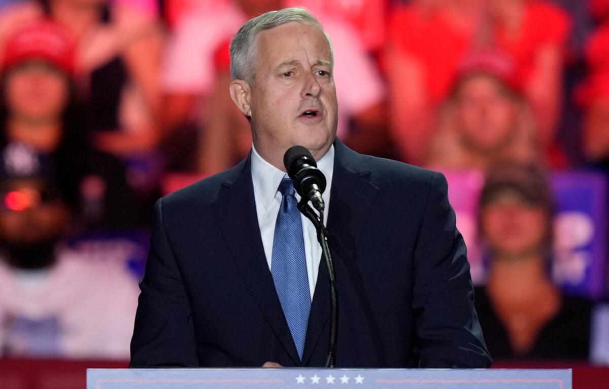 FILE - Michael Whatley, chairman of the Republican National Committee, speaks at a campaign rally, Nov. 2, 2024, in Greensboro, NC. (AP Photo/Alex Brandon, File)