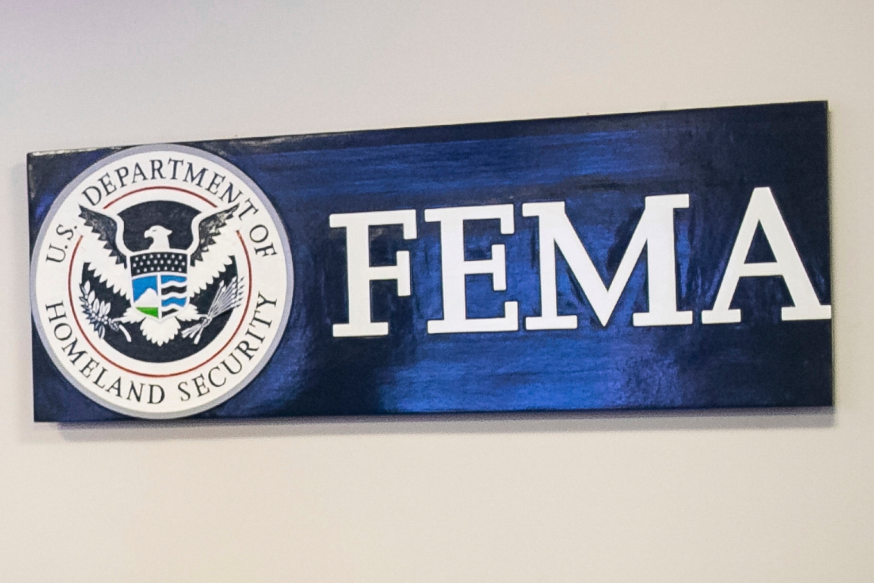 FILE - A sign for the Federal Emergency Management Agency is pictured at FEMA headquarters, April 20, 2020, in Washington. (Al Drago/The New York Times via AP, Pool)