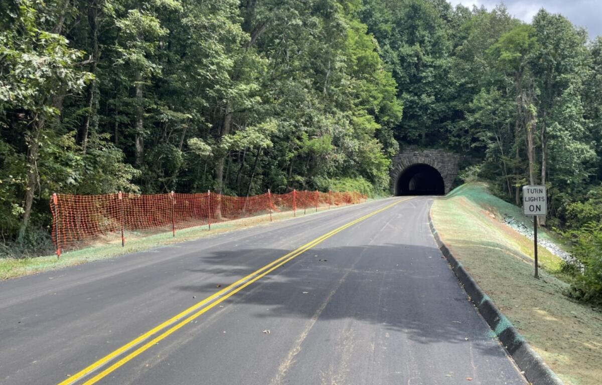 Newly completed road section and slide repair at Ferrin Knob Tunnel No. 3.