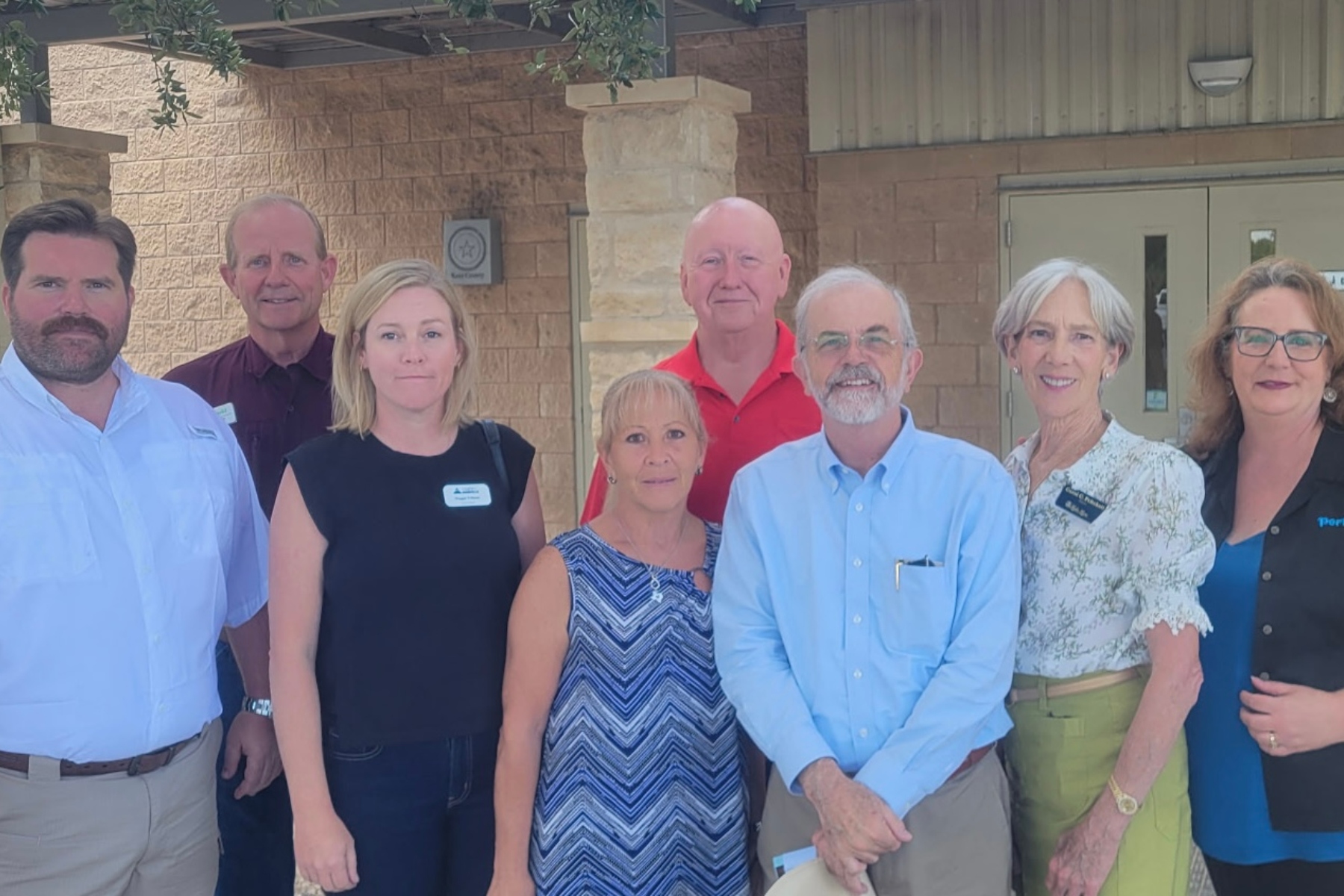 From left, Marshall Mayor Aaron Haynie, Portland, Texas, Mayor Pro Tem Green, Asheville City Councilwoman Maggie Ullman, Kerrville, Texas, Mayor Pro Tem Brenda Hughes, Avery County Commission Vice Chairman Dennis Aldridge, Kerrville, Texas, Mayor Joe Herring, Lake Lure Mayor Susan Pritchett and Portland, Texas Mayor Skurow.