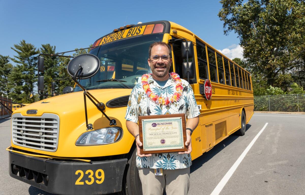 Nicholas Honeycutt named Buncombe County Schools Principal of the Year during ceremony with students, staff, and family