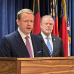 FILE - North Carolina state House Speaker Destin Hall, R-Caldwell, left, speaks while state Senate leader Phil Berger, R-Rockingham, listens during a news conference at the North Carolina Legislative Building in Raleigh, N.C., Sept. 11, 2025 (AP Photo/Gary D. Robertson, File)