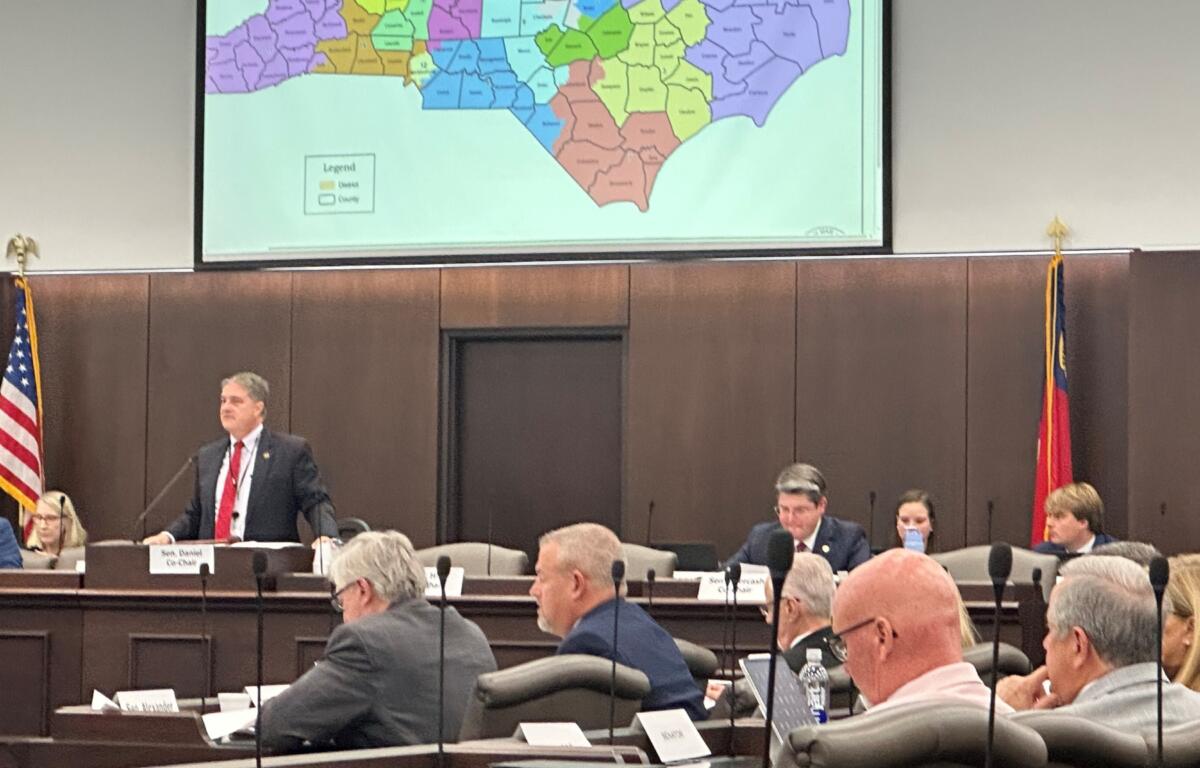 North Carolina state Sen. Warren Daniel, R-Burke (left and standing), presides over the Senate Committee on Elections while it considers legislation to redraw the state's U.S. House district map at the Legislative Office Building in Raleigh N.C., Monday, Oct. 20, 2025. (AP Photo/Gary D. Robertson)