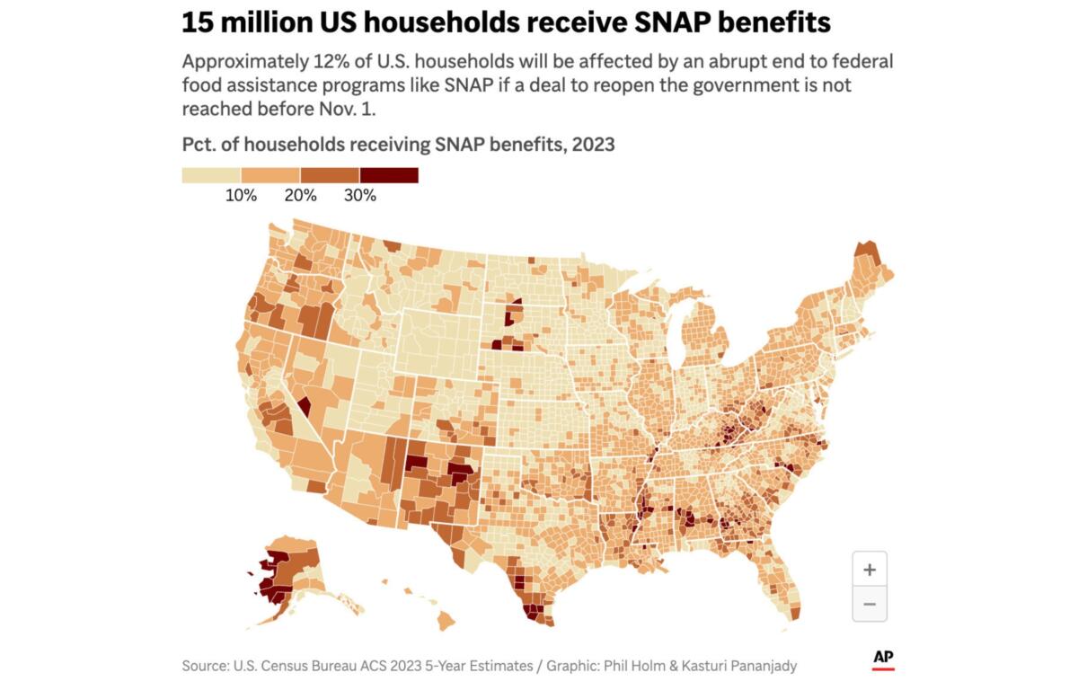 The map above shows the percentage of U.S. households in each county that receive SNAP food assistance benefits. (AP Digital Embed)