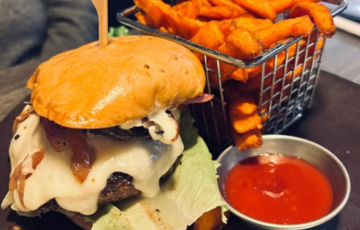 Mushroom Swiss Burger with sweet potato fries