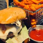 Mushroom Swiss Burger with sweet potato fries