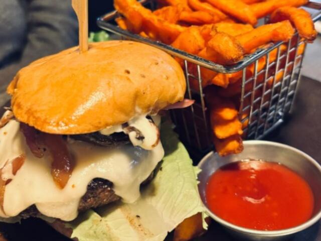 Mushroom Swiss Burger with sweet potato fries