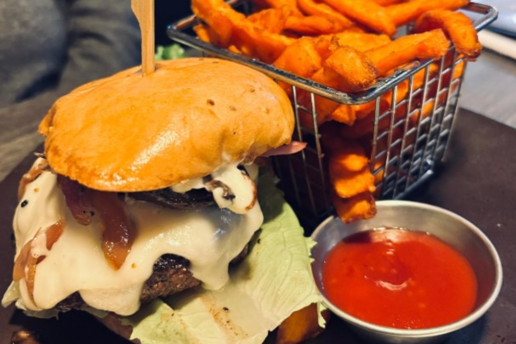 Mushroom Swiss Burger with sweet potato fries