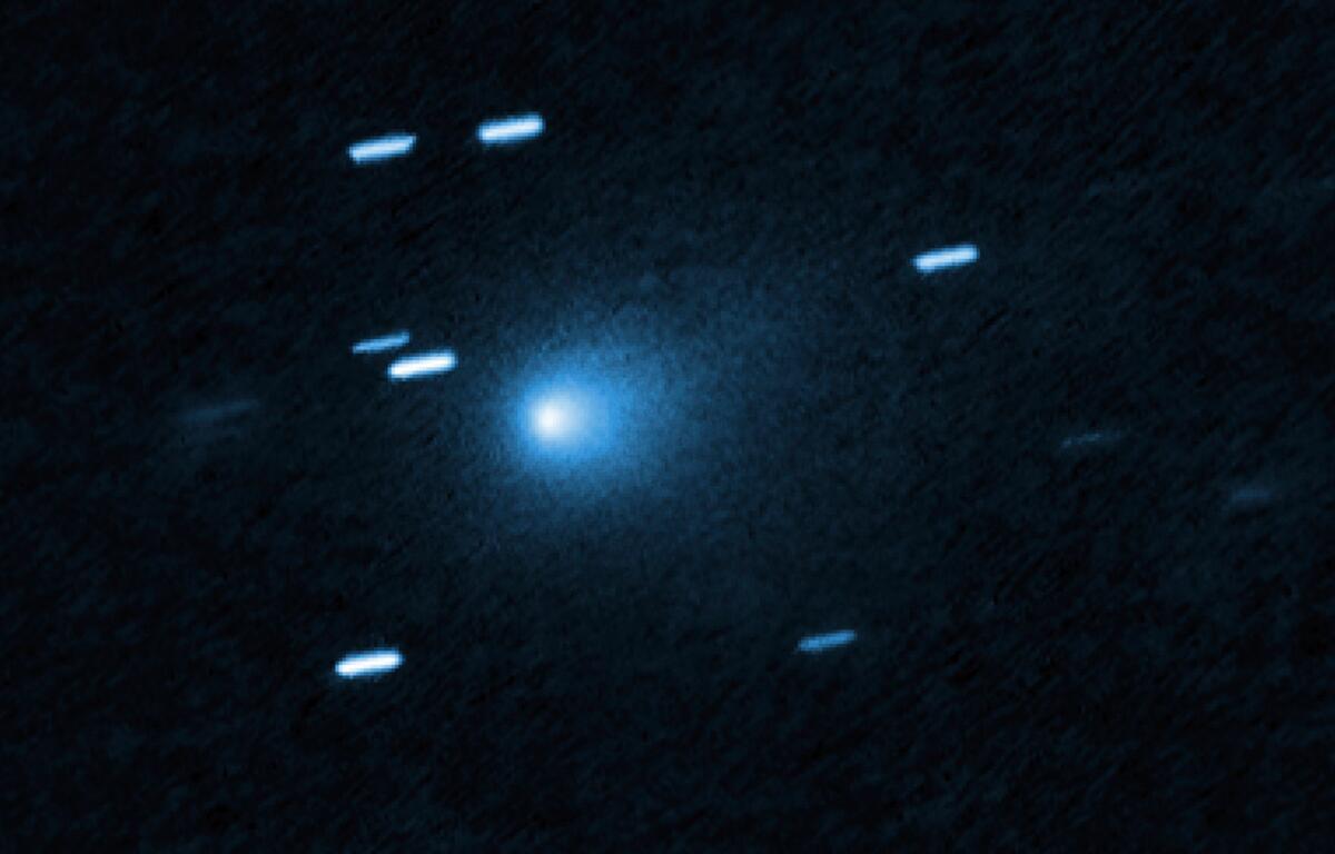 This image provided by NASA/European Space Agency shows an image captured by Hubble of the interstellar comet 3I/ATLAS on July 21, 2025, when the comet was 277 million miles from Earth. (NASA/European Space Agency via AP)