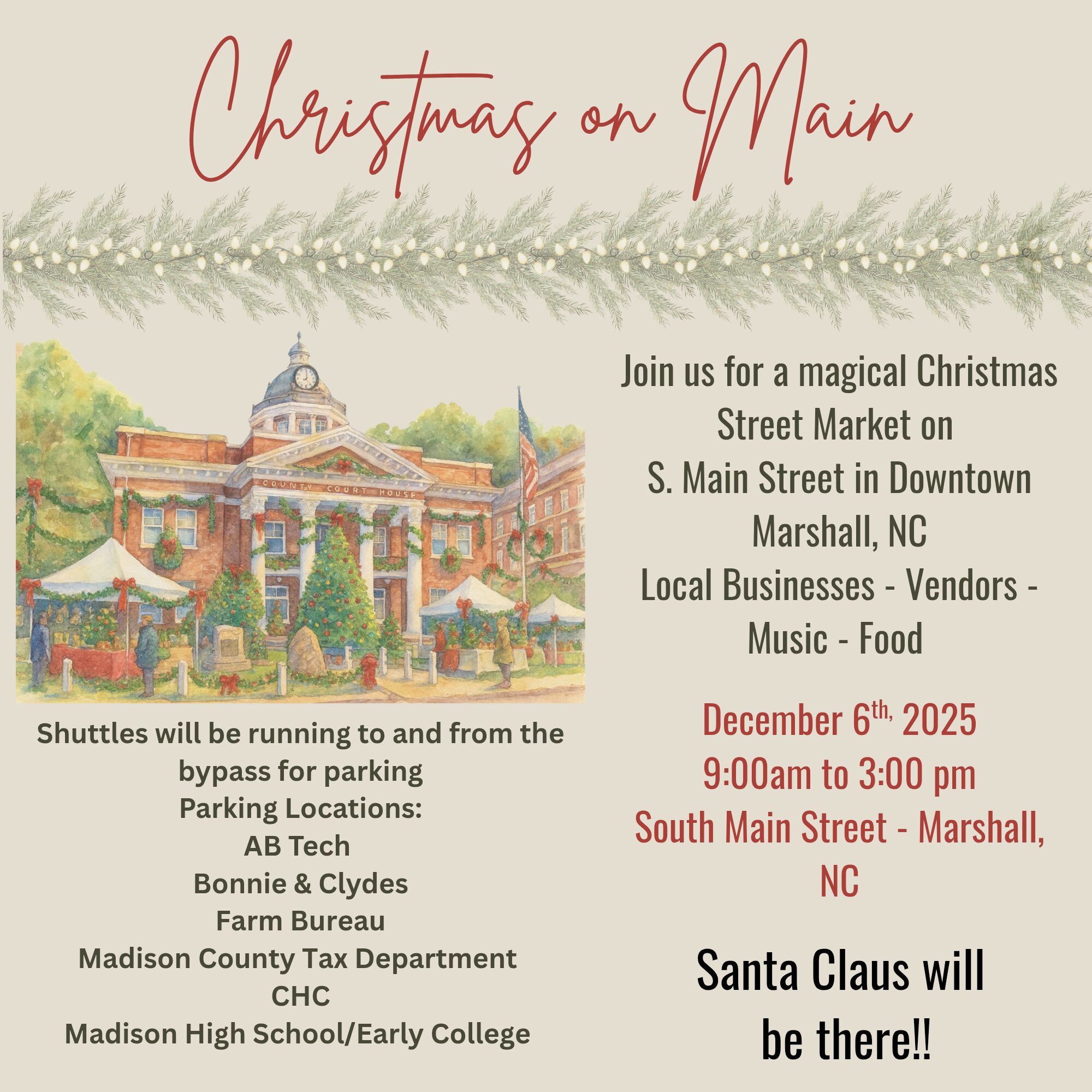 A flyer for the Christmas on Main event in Marshall, N.C.