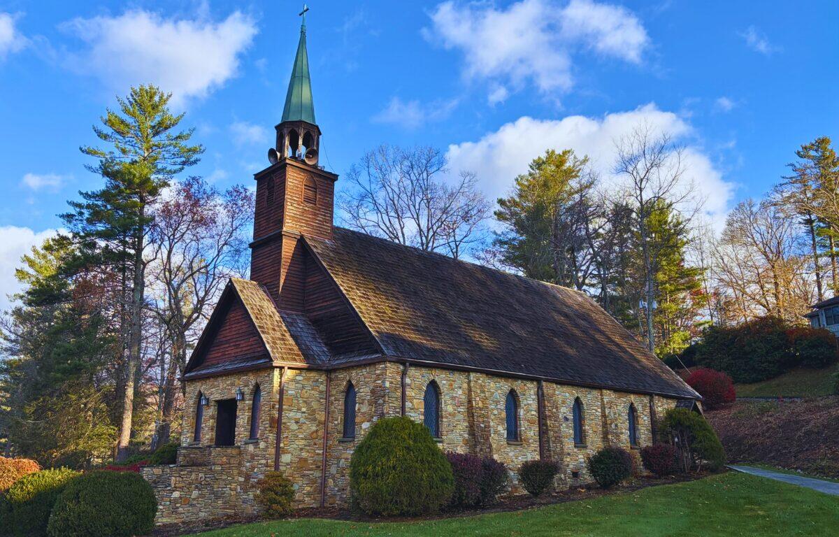 Exterior view of Sloop Chapel, a stone sanctuary on the Crossnore Communities for Children campus.