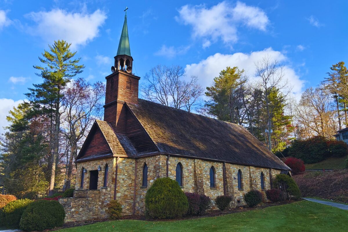 Exterior view of Sloop Chapel, a stone sanctuary on the Crossnore Communities for Children campus.