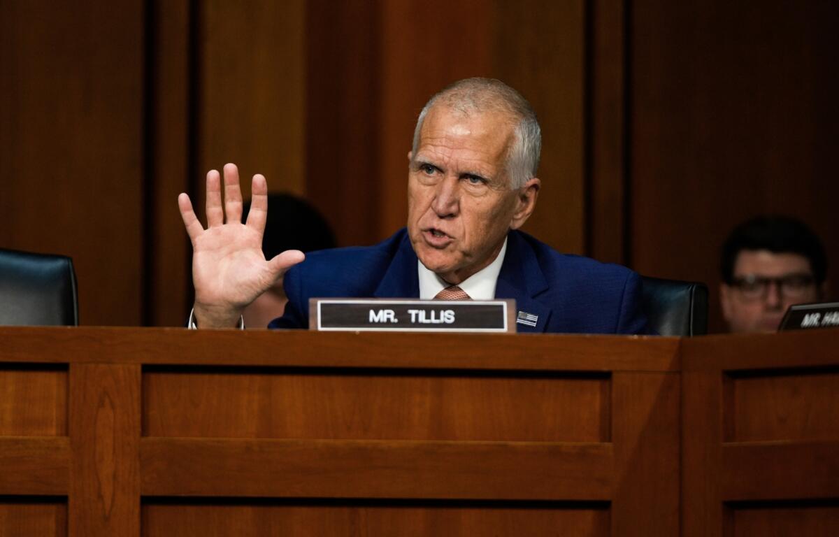 Sen. Thom Tillis, R-N.C., speaks as FBI Director Kash Patel appears before the Senate Judiciary Committee for his first oversight hearing, Tuesday, Sept. 16, 2025, at the Capitol in Washington. (AP Photo/Julia Demaree Nikhinson)