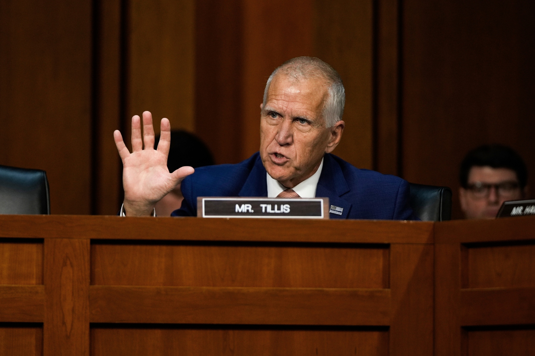 Sen. Thom Tillis, R-N.C., speaks as FBI Director Kash Patel appears before the Senate Judiciary Committee for his first oversight hearing, Tuesday, Sept. 16, 2025, at the Capitol in Washington. (AP Photo/Julia Demaree Nikhinson)