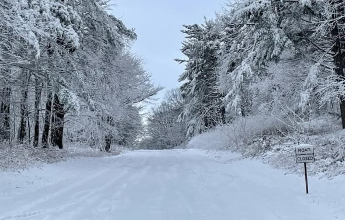 Different impacts of winter weather including a snow-covered Parkway and trees, the Parkway covered with thick ice, and the Parkway covered in Black ice.