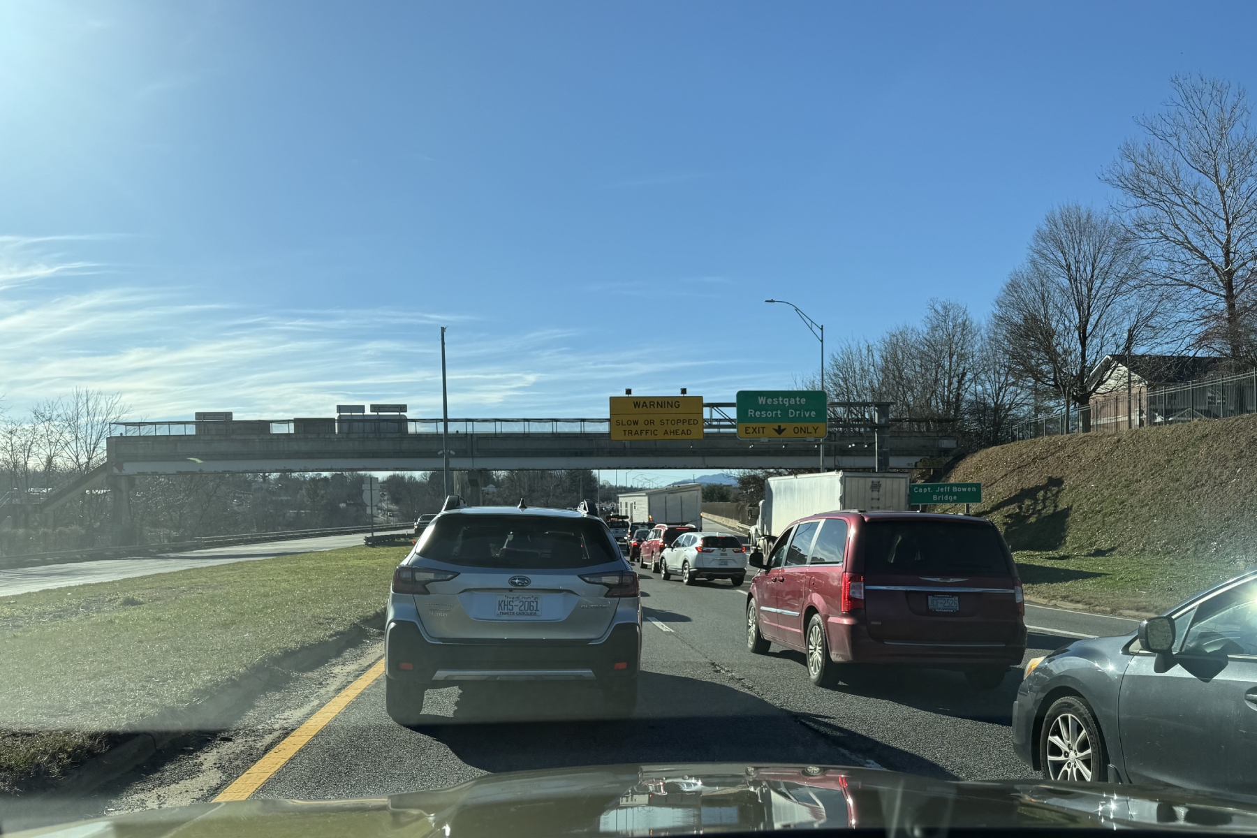 Traffic backs up on Bowen Bridge after a crash Monday.
