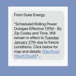 Duke Energy is warning customers about a scam involving messages that falsely claim a scheduled power outage will affect their service.